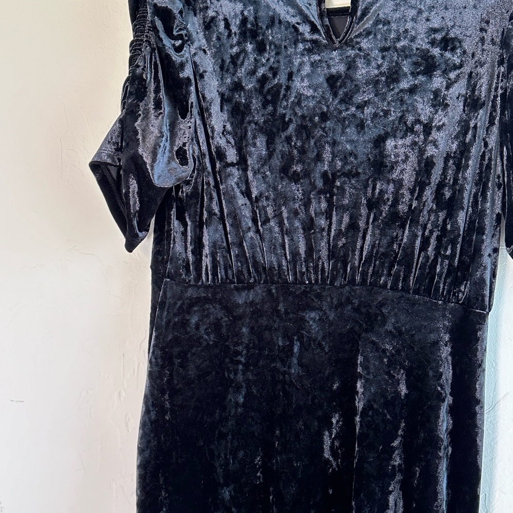 Crushed Black Velvet Vintage Tiered Maxi Dress with Rouched Sleeves Sz S - Picture 12 of 13